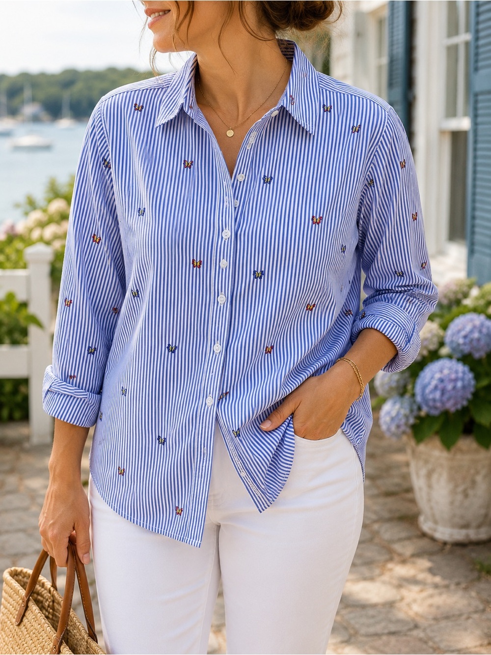 Talbots Woman 3X Blue White Stripe Embroidered Butterfly Cotton‎ Button Front